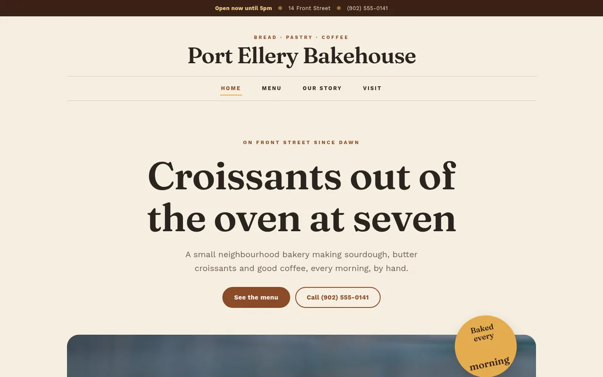 The home page of Port Ellery Bakehouse, a sample website, on a computer screen