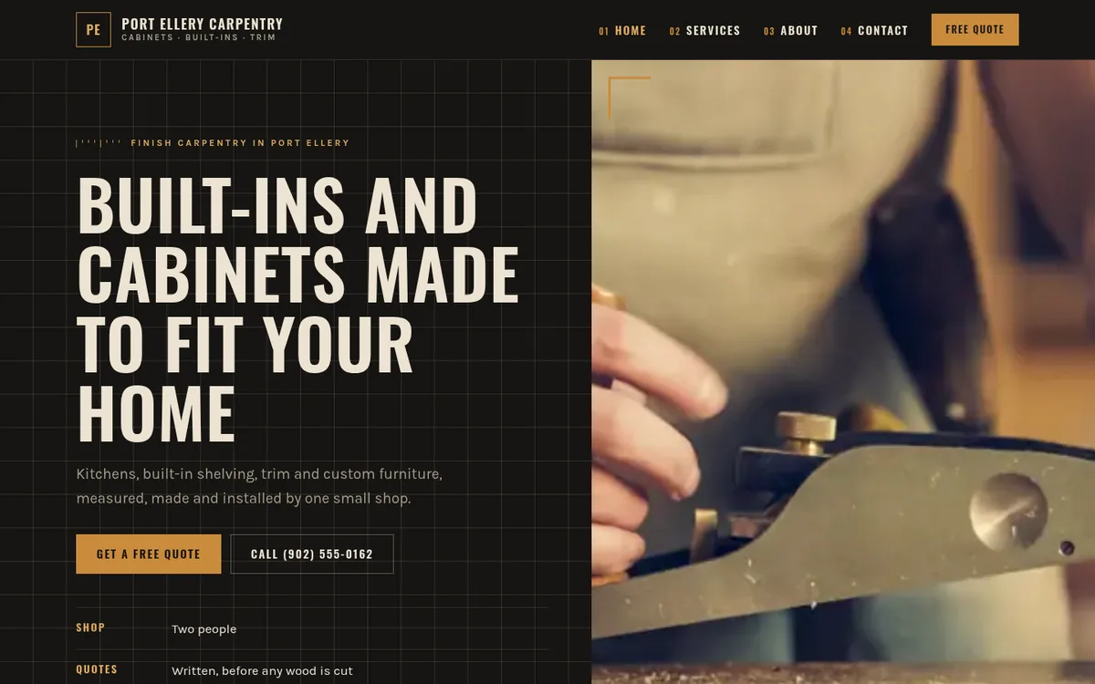 The home page of Port Ellery Carpentry, a sample website, on a computer screen