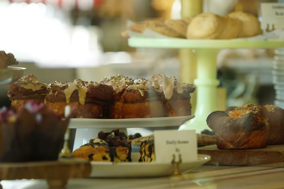 Pastries and cakes on the bakery counter