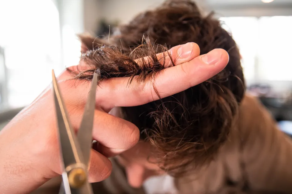 A stylist cutting a client's hair with scissors
