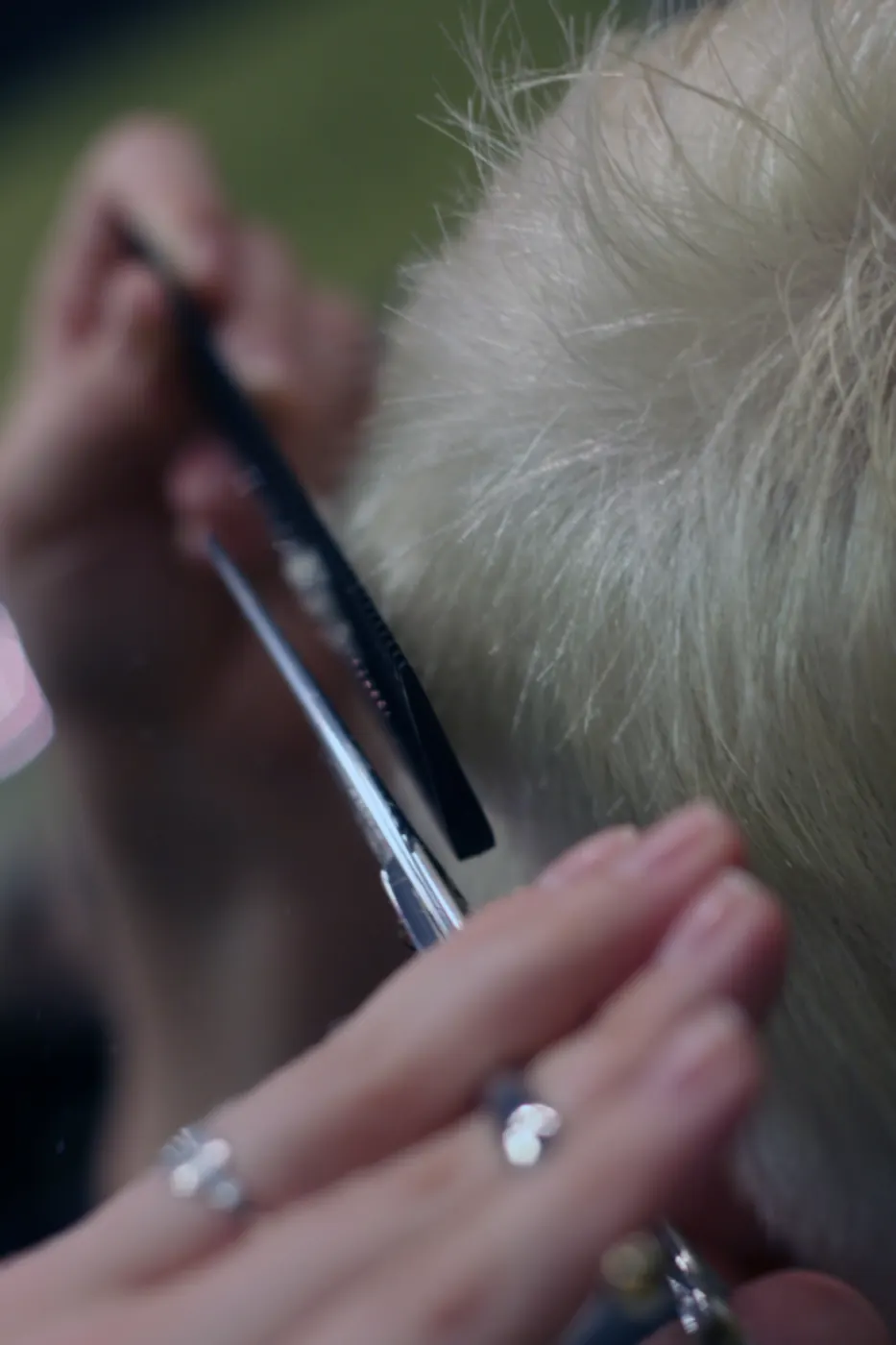 A stylist's hands trimming a client's hair
