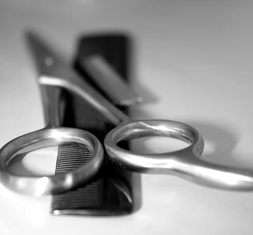 Hair-cutting scissors resting on a comb